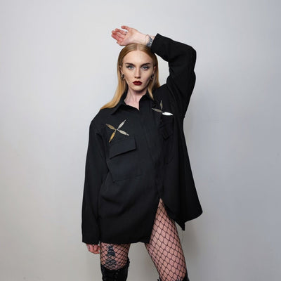 Utility shirt metal patch long sleeve blouse gorpcore party top big pocket fancy dress going out jumper in black