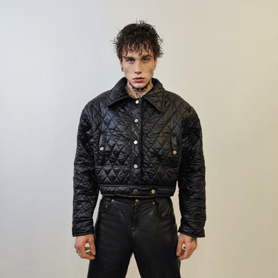 Cropped bomber jacket quilted short puffer grunge rocker coat textured aviator jacket utility gorpcore jacket in black