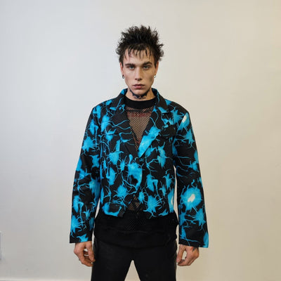 Thunder print cropped blazer grunge punk jacket catwalk bomber cyberpunk jacket lighting strike pattern raver coat in black blue