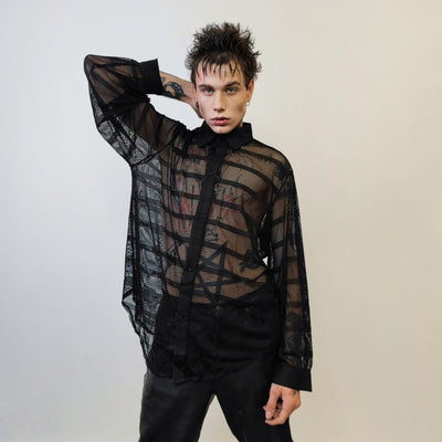 Baggy mesh shirt long sleeve transparent blouse see-through oversize gothic top sheer sweatshirt crotchet jumper in black