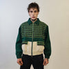 Houndstooth varsity jacket contrast stitching faux leather bomber grunge dogtooth utility coat premium retro aviator jacket in green