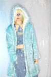 Festival shaggy faux fur longline jacket fluorescent raver bomber fluffy raver coat fleece party bomber neon burning man coat in ice blue