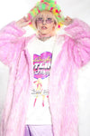 Festival shaggy faux fur longline jacket fluorescent raver bomber fluffy raver coat fleece party bomber neon burning man coat in pastel pink
