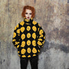 Emoji print fleece jacket fluffy smile bomber festival varsity raised neck cartoon track jacket grunge geometric coat in black yellow