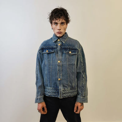 Catwalk denim jacket reworked pattern jean varsity distressed going out bomber grunge bleached coat utility blazer motorcycle jacket in blue