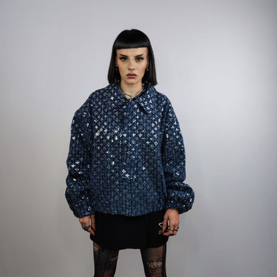 Sequin embellished denim jacket shiny jean bomber glam rocker coat grunge catwalk varsity  going out blazer in dark blue