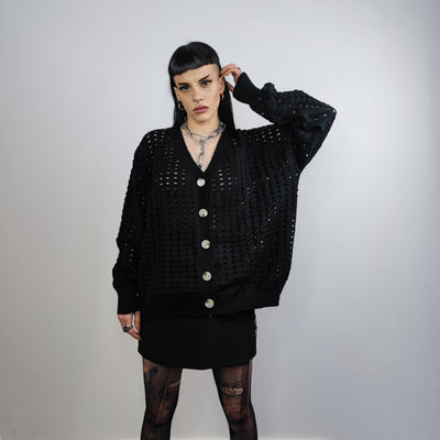 Mesh cardigan transparent sweater distressed knitted jumper textured see-through grunge top punk sweatshirt in black
