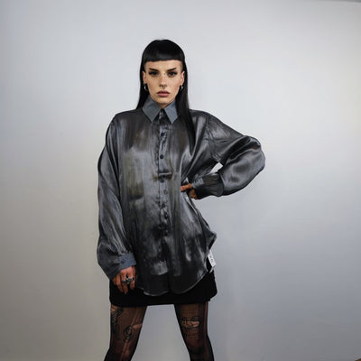 Shiny smart shirt long sleeve transparent blouse see-through oversize going out top sheer sweatshirt in silver grey
