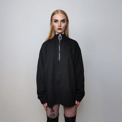 Going out turtleneck zip up Gothic jumper raised neck textured sweater punk top party pullover cable pattern tee in black