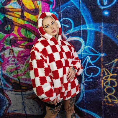 Big check fleece jacket handmade detachable neon fluffy geometric bomber faux fur chequerboard coat in 2 in 1 festival jacket red white