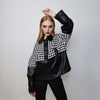 Houndstooth varsity jacket faux leather aviator big pocket dogtooth bomber check coat grunge varsity going out coat PU utility jacket black