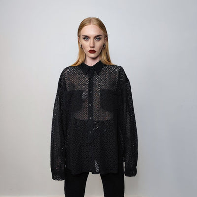 See-through shirt long sleeve transparent blouse sheer party top curved button up transparent festival mesh top in black