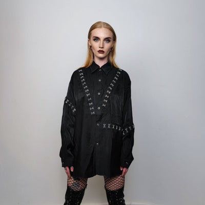 Metal chain shirt embellished long sleeve catwalk blouse high fashion grunge top going out dress party jumper in black