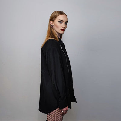 Extreme zipper punk shirt shoulder padded long sleeve gothic blouse party top curved going out jumper fancy dress top in black
