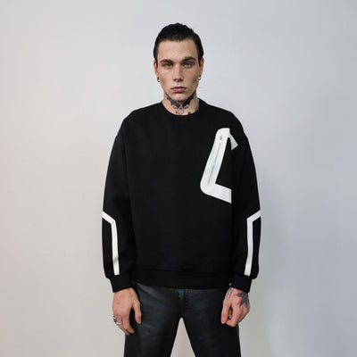 Utility sweatshirt big pocket gorpcore top thin long sleeve contrast jumper stripe finish Gothic sweater punk pullover in black