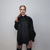 Fringed shirt textured layered top check pattern blouse punk rocker jumper long sleeve gothic pullover button up shirt in black