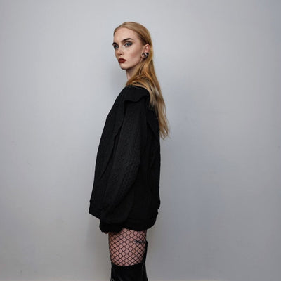 Cable pattern sweatshirt shoulder padded top long sleeve kimono jumper going out sweater party pullover  gothic t-shirt in black