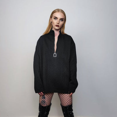 Going out turtleneck zip up Gothic jumper raised neck textured sweater punk top party pullover cable pattern tee in black