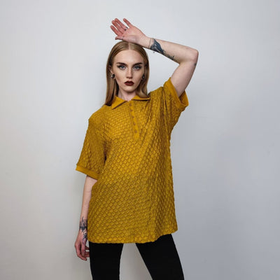 Shoulder padded polo shirt short sleeve textured blouse check party top grunge button up retro festival top in yellow