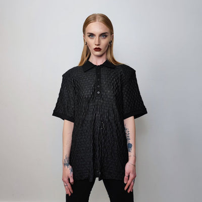 Shoulder padded polo shirt short sleeve textured blouse check party top grunge button up retro festival top in black