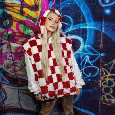 Big check fleece jacket handmade detachable neon fluffy geometric bomber faux fur chequerboard coat in 2 in 1 festival jacket red white