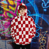 Big check fleece jacket handmade detachable neon fluffy geometric bomber faux fur chequerboard coat in 2 in 1 festival jacket red white