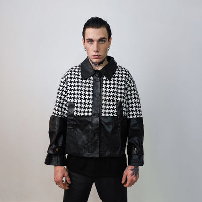 Houndstooth varsity jacket faux leather aviator big pocket dogtooth bomber check coat grunge varsity going out coat PU utility jacket black