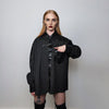 Utility striped shirt faux leather finish top catwalk blouse punk rocker jumper long sleeve gothic pullover button up shirt in black