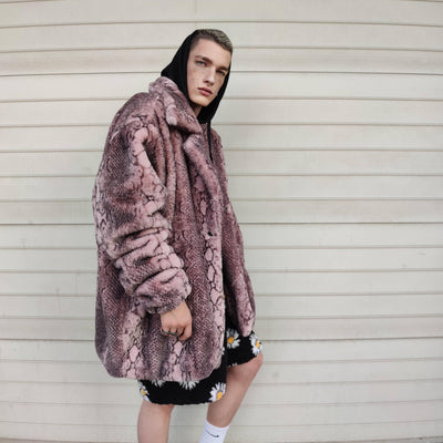 Luxury faux fur snake coat python print bomber handmade detachable fluffy jacket fleece puffer premium grunge trench in pastel pink