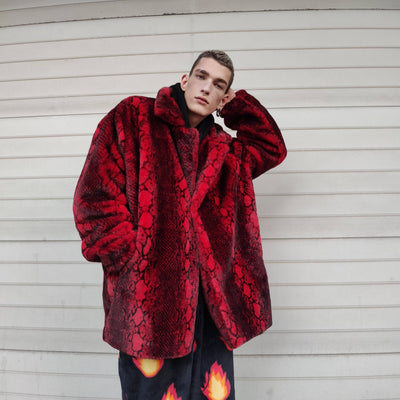 Luxury faux fur snake coat python print bomber handmade detachable fluffy jacket fleece puffer premium grunge trench in red black