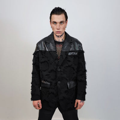 Going out jacket faux leather party blazer big pocket distressed bomber punk rocker varsity catwalk PU utility jacket in black