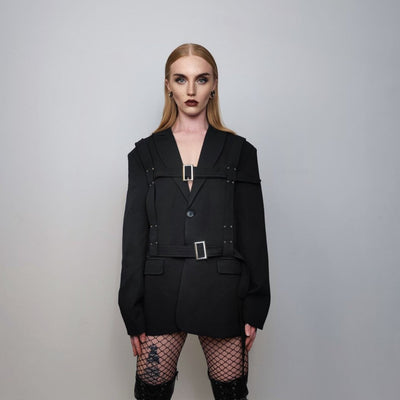 Utility blazer double buckle jacket grunge punk bomber gorpcore gothic coat going out varsity fancy dress coat catwalk jacket in black