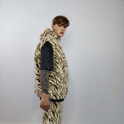 Zebra jacket handmade detachable faux fur animal print bomber stripe pattern fleece premium hooded party coat festival hoodie in brown cream