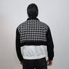 Houndstooth jacket faux leather finish aviator color block bomber rocker coat grunge varsity dogtooth utility woolen coat in black