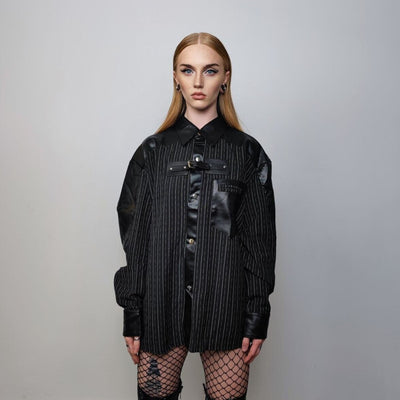 Utility striped shirt faux leather finish top catwalk blouse punk rocker jumper long sleeve gothic pullover button up shirt in black