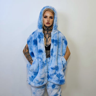 Tie-dye fleece jacket handmade pastel faux fur coat rave jacket premium fluffy 2 in 1 hooded festival bomber detachable puffer in sky blue