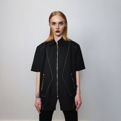 Futuristic shirt geometric top short sleeve gothic jumper zip up utility blouse catwalk pullover punk rocker tee going out shirt in black