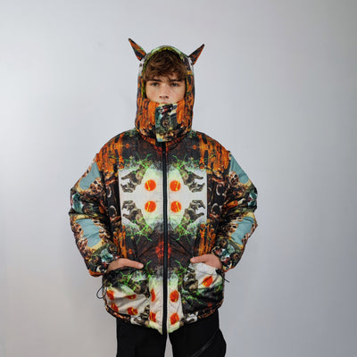 Zombie print bomber handmade reversible graffiti puffer devil horn jacket detachable Horror cartoon coat two sided hooded jacket in orange