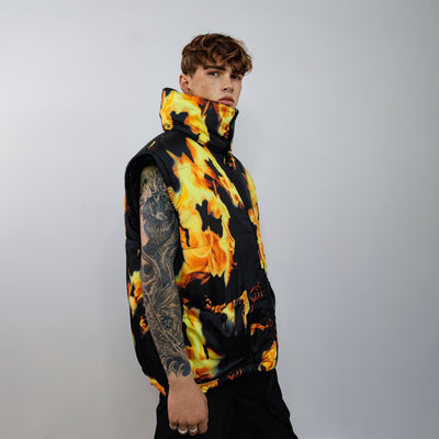 Flame print bomber handmade reversible graffiti puffer devil horn jacket detachable burning fire coat two sided hooded jacket black yellow