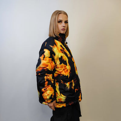 Flame print bomber handmade reversible graffiti puffer devil horn jacket detachable burning fire coat two sided hooded jacket black yellow