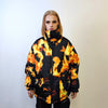 Flame print bomber handmade reversible graffiti puffer devil horn jacket detachable burning fire coat two sided hooded jacket black yellow