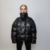 Faux leather puffer jacket utility PU bomber raised neck gorpcore coat going out varsity fancy dress coat catwalk jacket in black