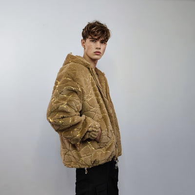 Golden faux fur jacket handmade detachable fluffy rave bomber metallic pattern fleece premium luminous top party coat in brown and gold
