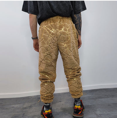 Golden faux fur joggers metallic pants handmade luminous fleece raver trousers premium party overalls in brown and gold