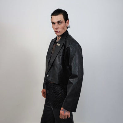 Cropped biker jacket faux leather racing aviator rocker bomber grunge going out coat PU utility catwalk jacket in black