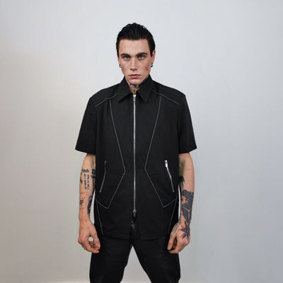 Futuristic shirt geometric top short sleeve gothic jumper zip up utility blouse catwalk pullover punk rocker tee going out shirt in black