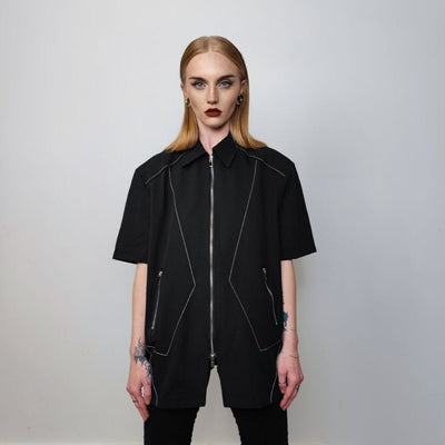 Futuristic shirt geometric top short sleeve gothic jumper zip up utility blouse catwalk pullover punk rocker tee going out shirt in black