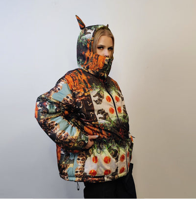 Zombie print bomber handmade reversible graffiti puffer devil horn jacket detachable Horror cartoon coat two sided hooded jacket in orange