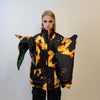 Flame print bomber handmade reversible graffiti puffer devil horn jacket detachable burning fire coat two sided hooded jacket black yellow