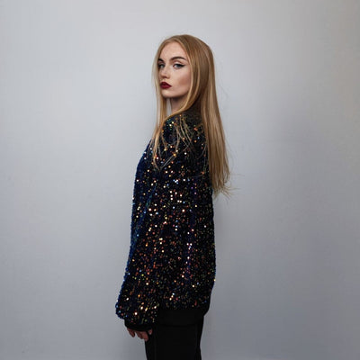 Sequin sweatshirt glitter top sparkle jumper party pullover glam rock long sleeve top embellished sweater going out tee in blue orange